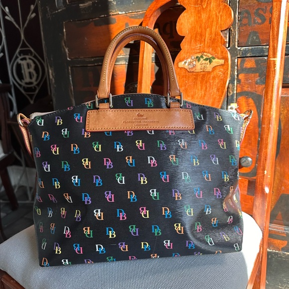 Dooney & Bourke Black Satchel Rainbow DB’s and Vacchetta Leather - Picture 3 of 16